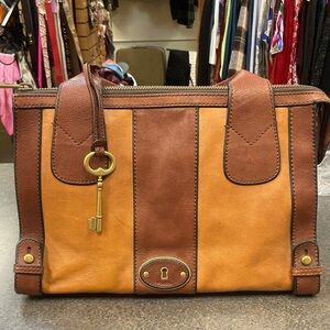 Fossil Two-Tone Tan and Brown Leather Satchel with Key Charm